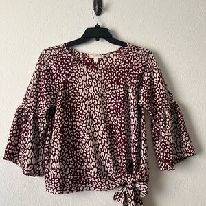 Michael Kors Burgundy and Cream Leopard Print Tie-Side Blouse, Size S